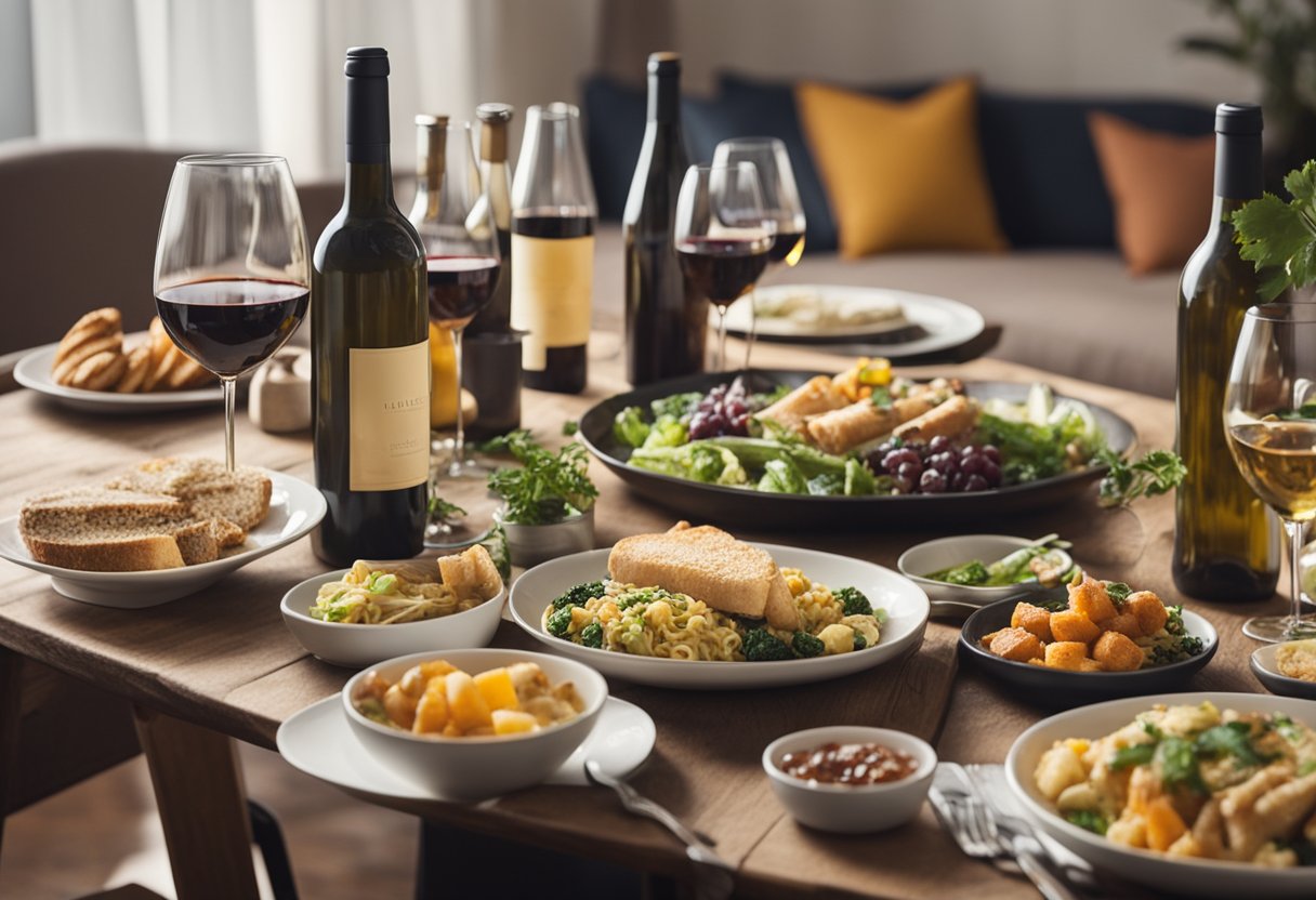 A table set with various wine bottles, glasses, and food pairings, with a cozy setting in the background